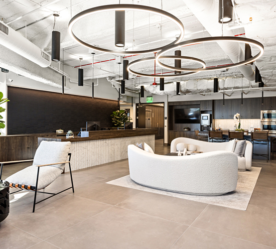Modern office lobby with circular lights