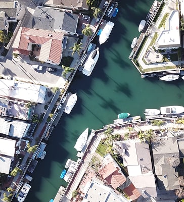 Aerial view of residential canal boats