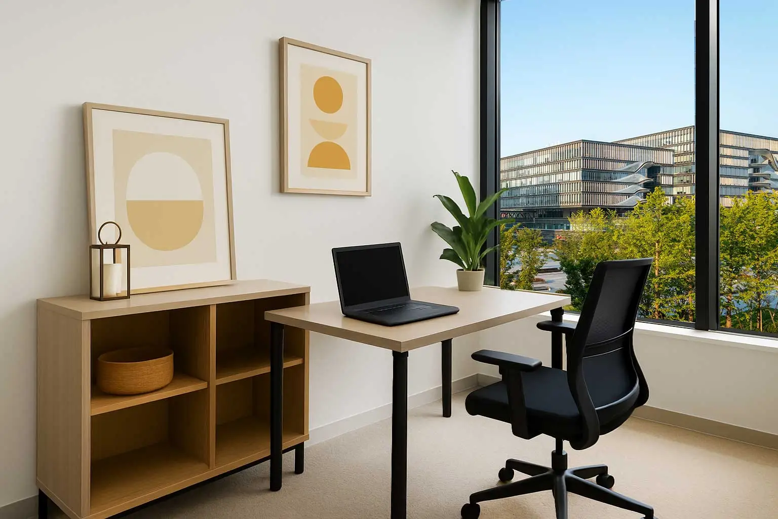 Day office with comfortable desk and large windows