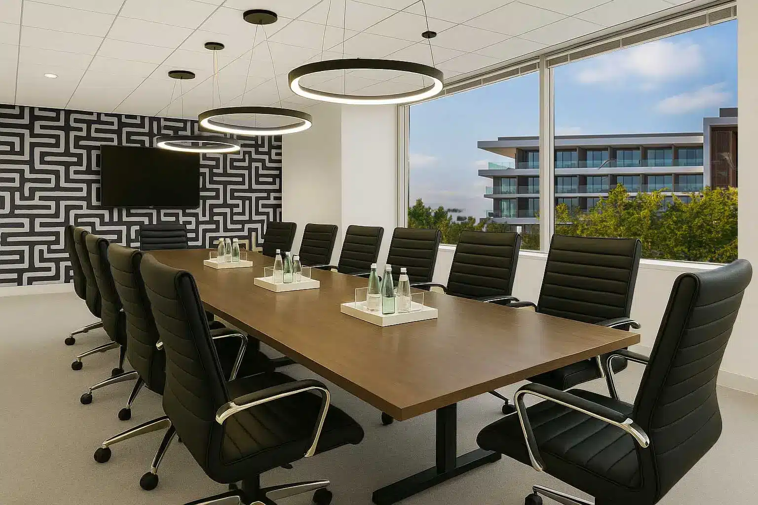 Large meeting room with comfortable seating for 14, display and window view