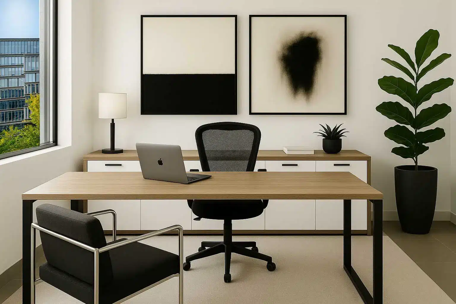 Comfortable private office with modern furniture and window view