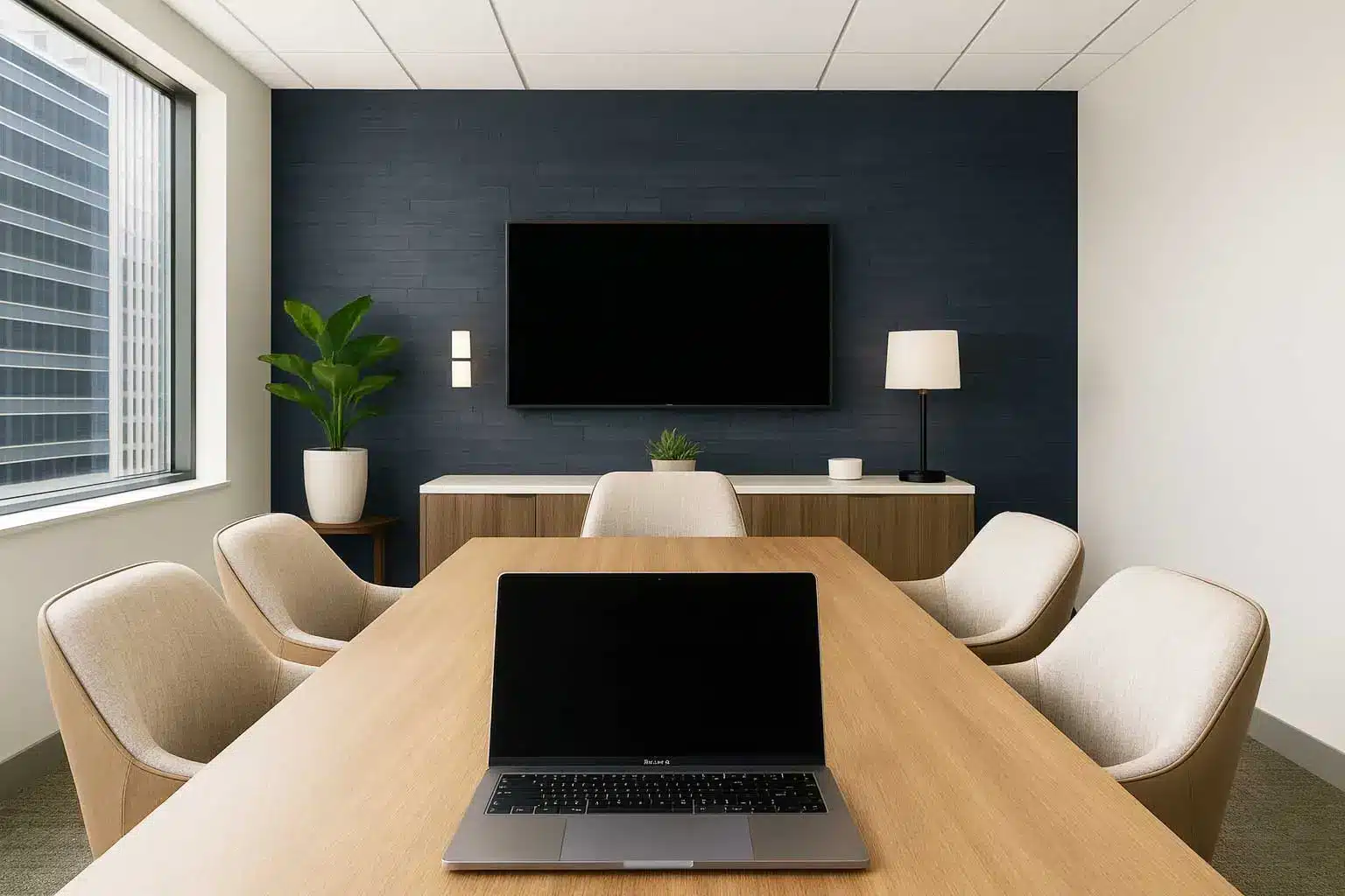 Comfortable meeting room with modern furniture, display, and window view