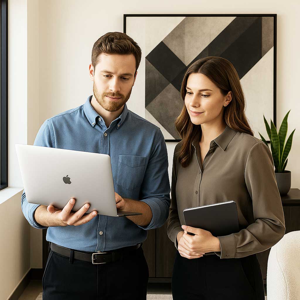 Two people discussing with devices.