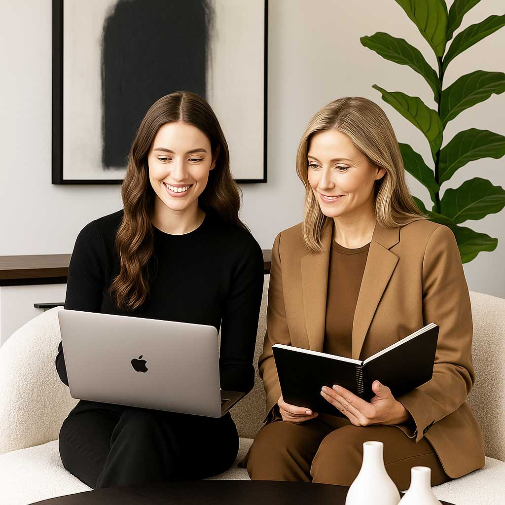 Two women discussing with laptops and notebook.