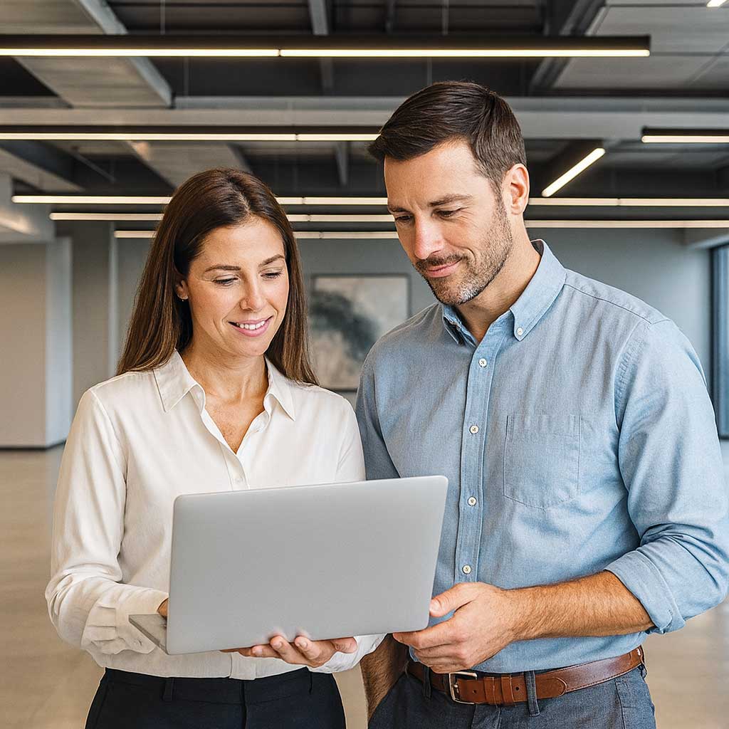 Two people discussing over laptop