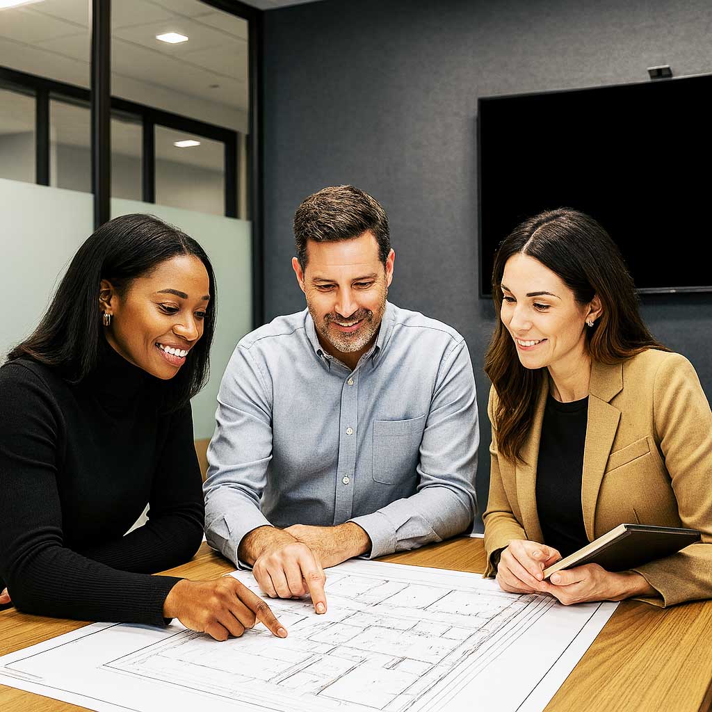 Three people discussing architectural plans.