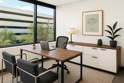 Modern office with desk and plants