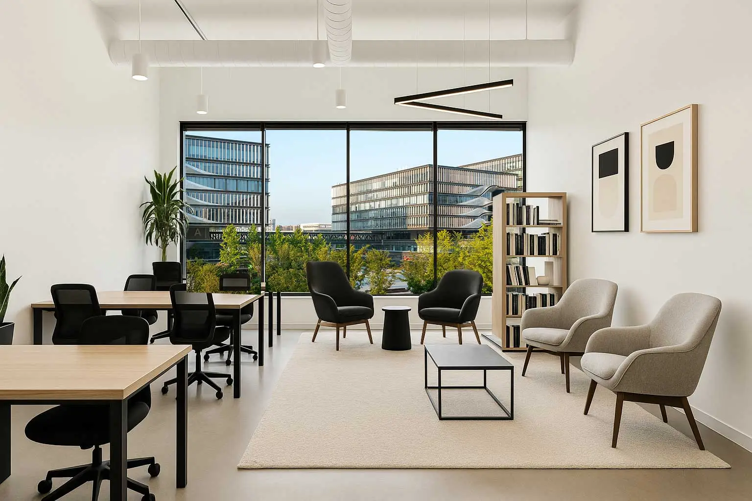 Custom office layout for enterprise with desks and lounge area