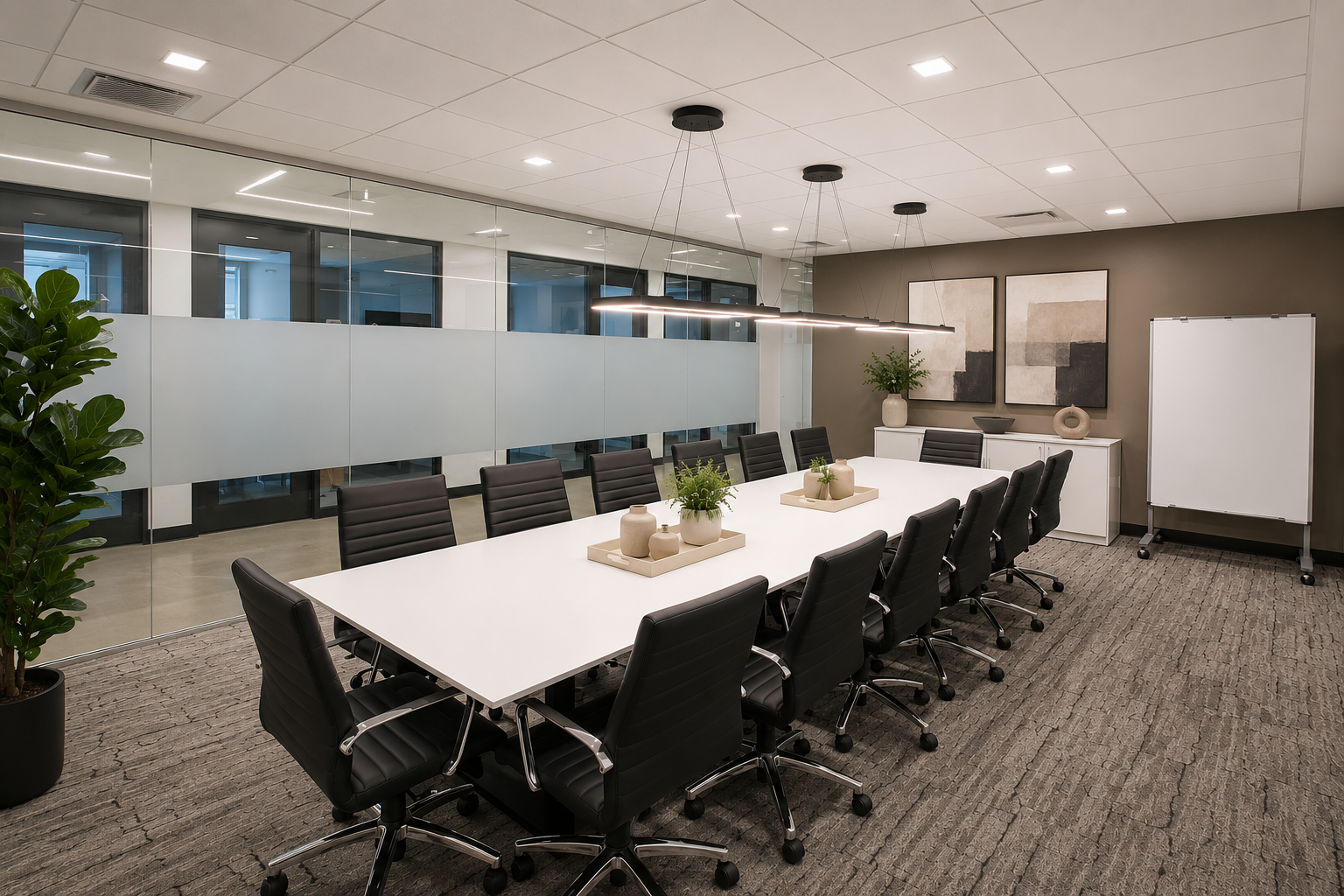 Large conference room with seating for twelve, a collaborative meeting table, glass walls, contemporary lighting, and a mobile whiteboard.