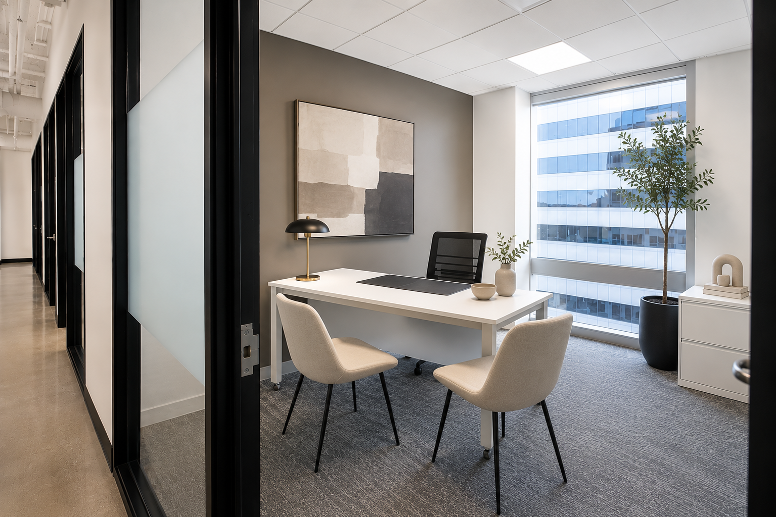Furnished private office with a desk, guest seating, floor-to-ceiling window, contemporary artwork, and natural light.