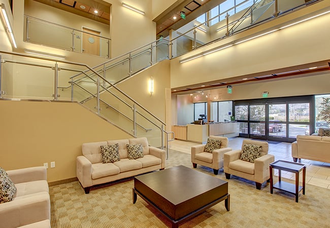 Modern lobby with comfortable seating.