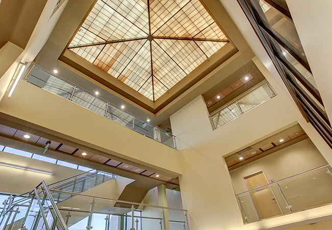 Modern atrium with glass ceiling