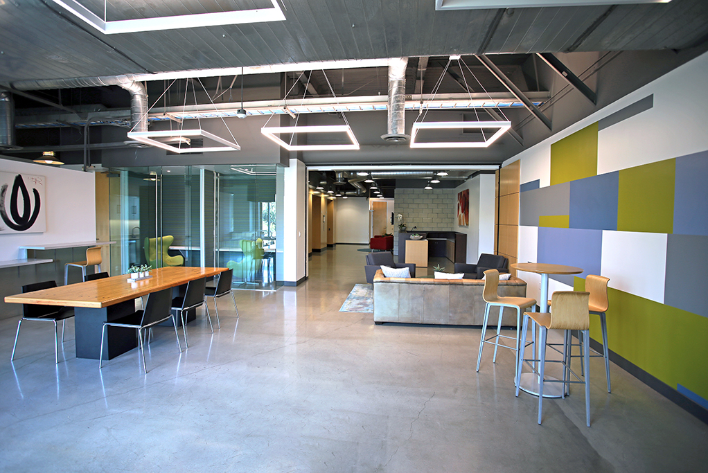 Modern office lobby with colorful accents