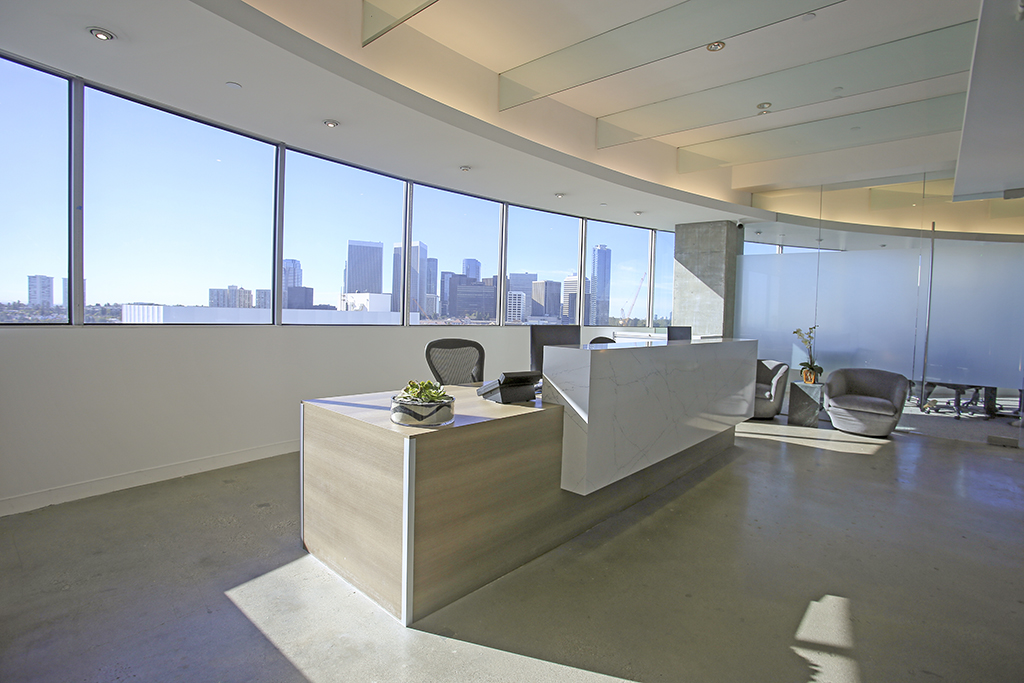 Modern office reception with skyline view
