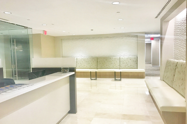 Modern, minimalist office reception area