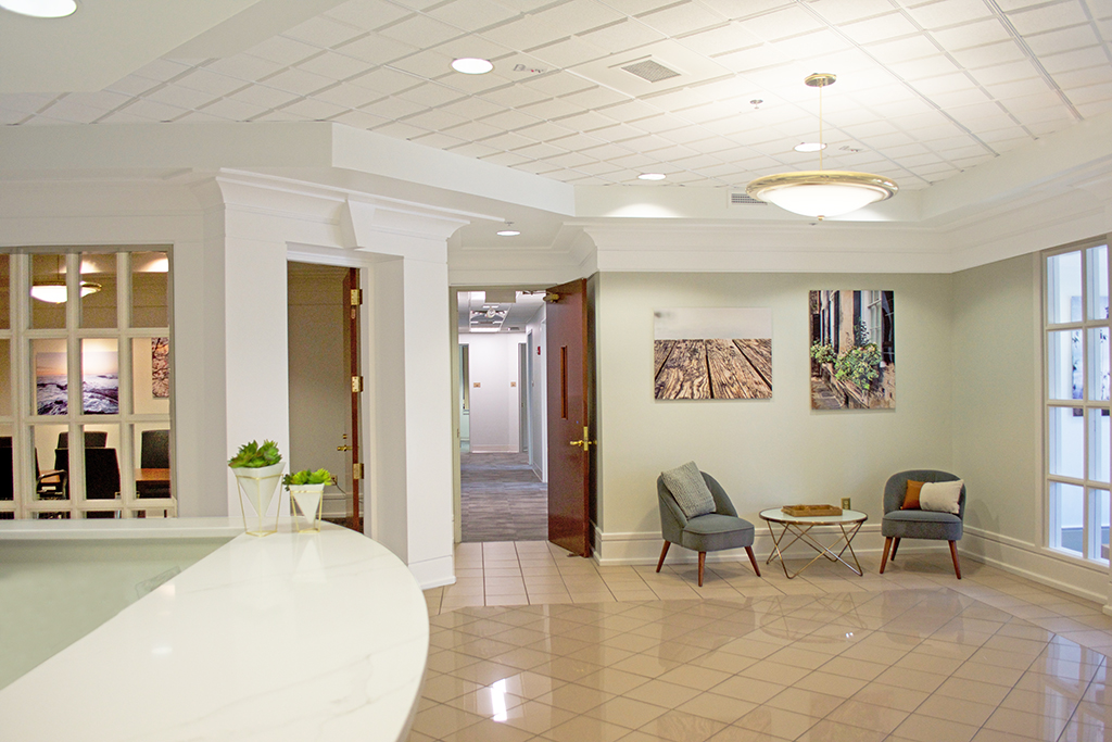Modern reception area with artwork.