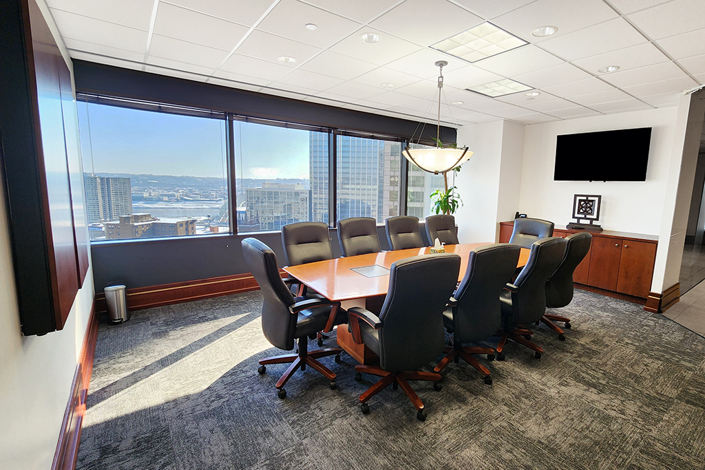 Modern conference room with city view