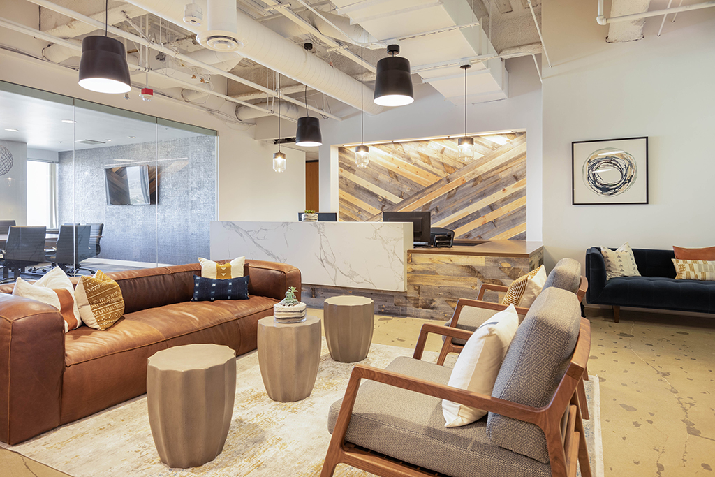 Modern office reception with seating area