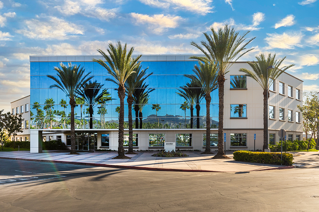Modern building with palm tree reflections