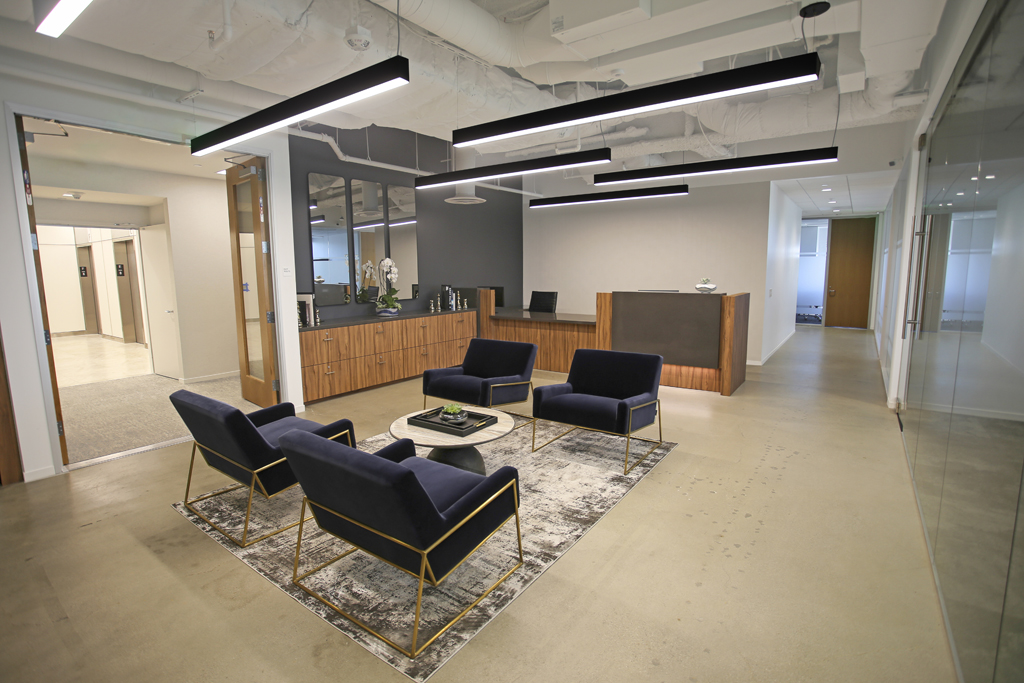 Modern office reception with seating area