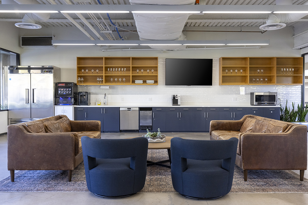 Modern kitchen with seating area.