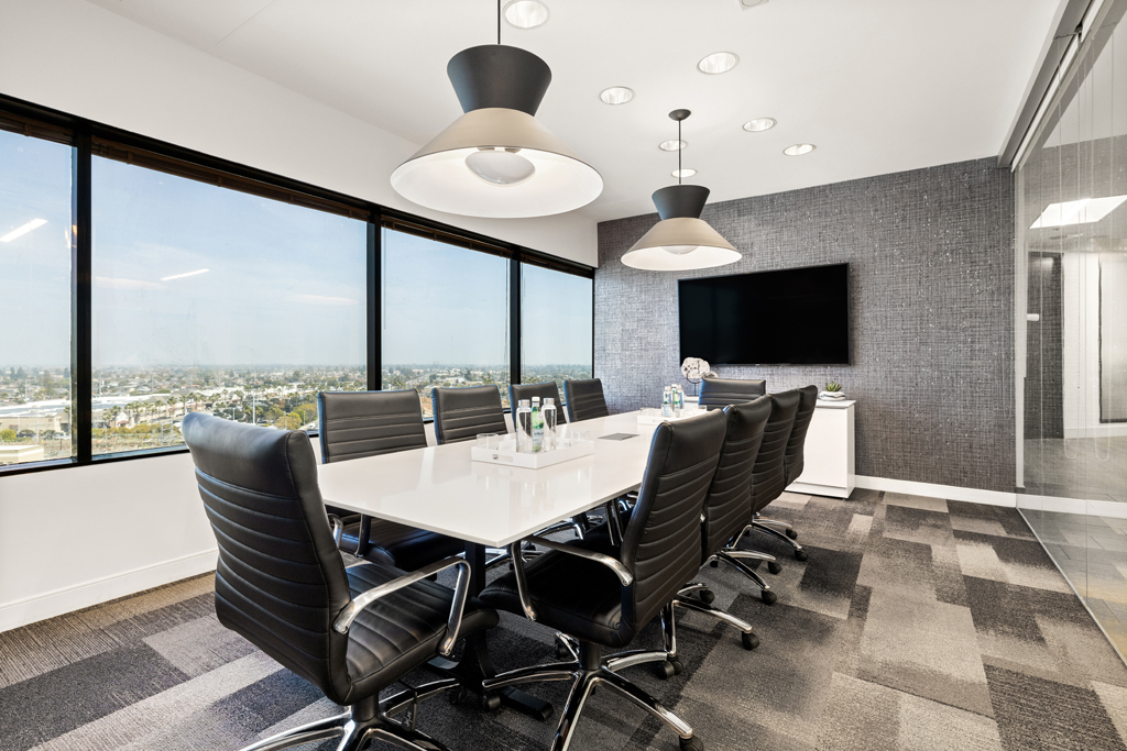 Modern conference room with city view