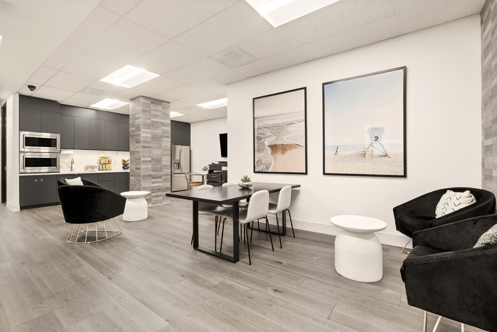 Modern kitchen with dining area.