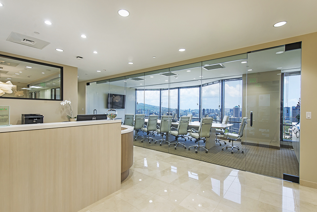 Modern office reception with meeting room