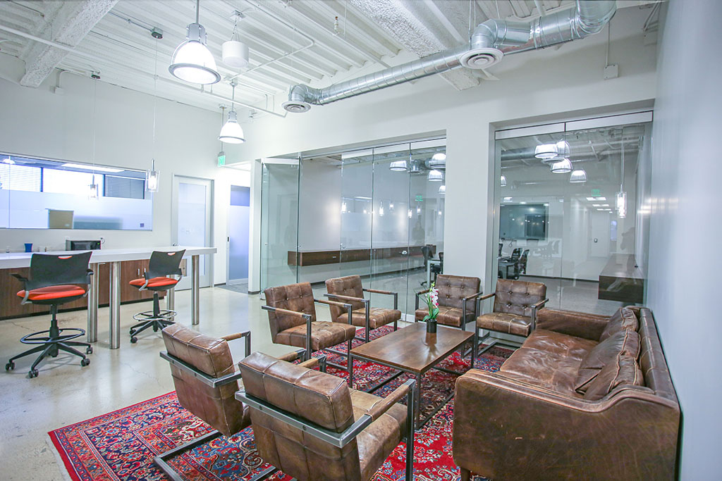 Modern office with comfortable seating.