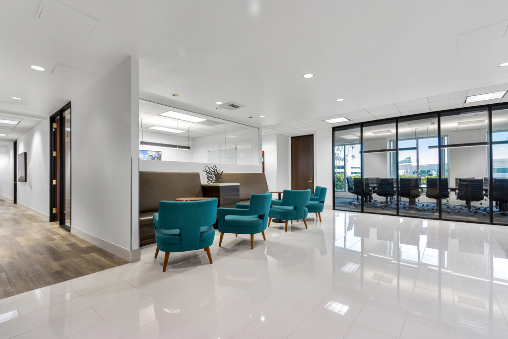 Modern office reception with seating area