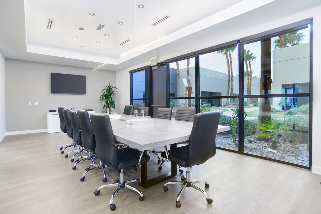Modern conference room with large windows