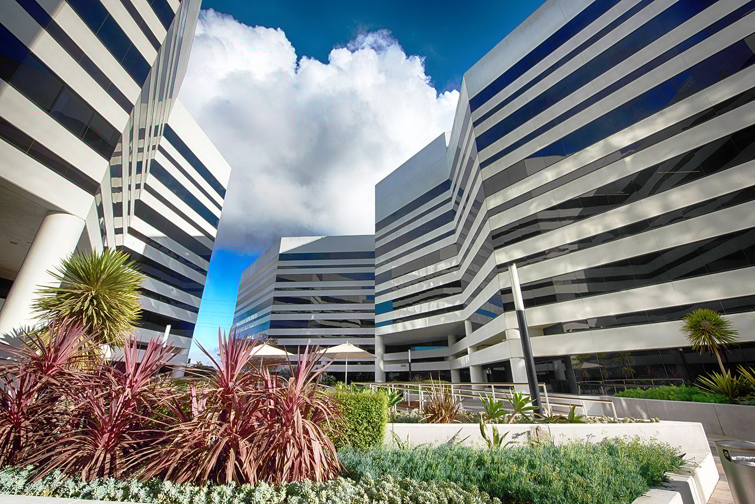 Modern buildings with lush landscaping.