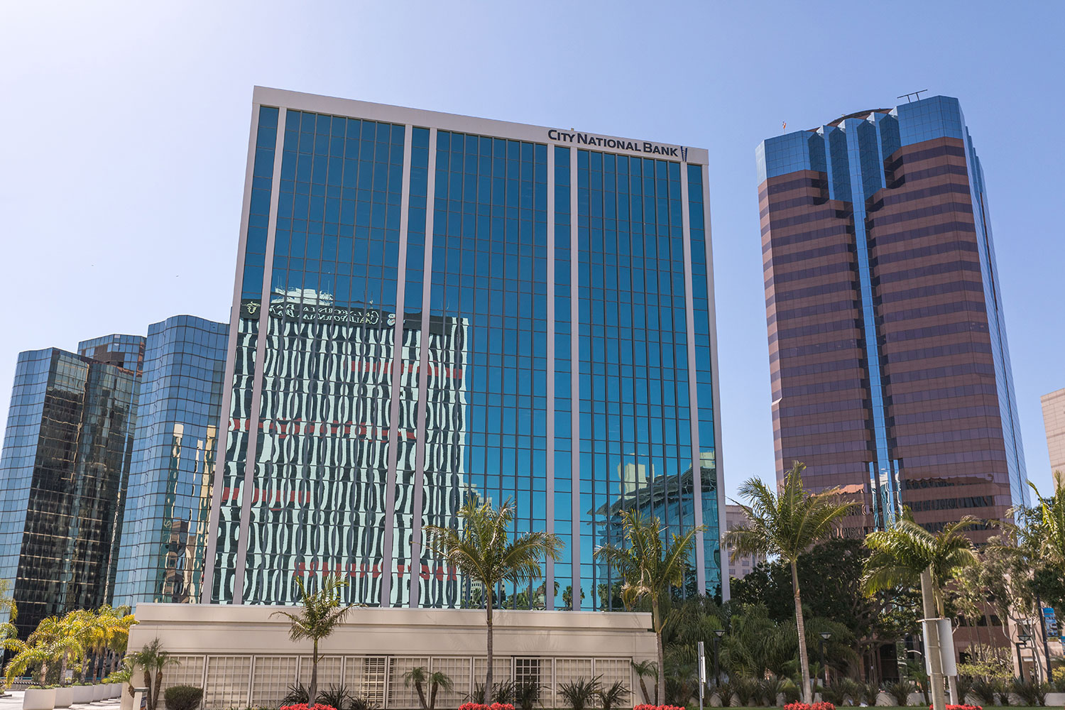 Modern bank building with reflective glass