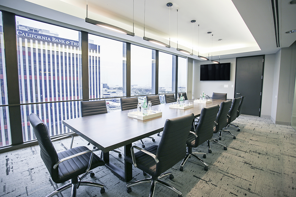 Modern conference room with city view