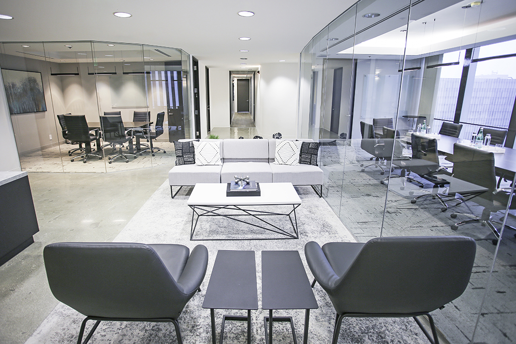 Modern office lounge with glass walls