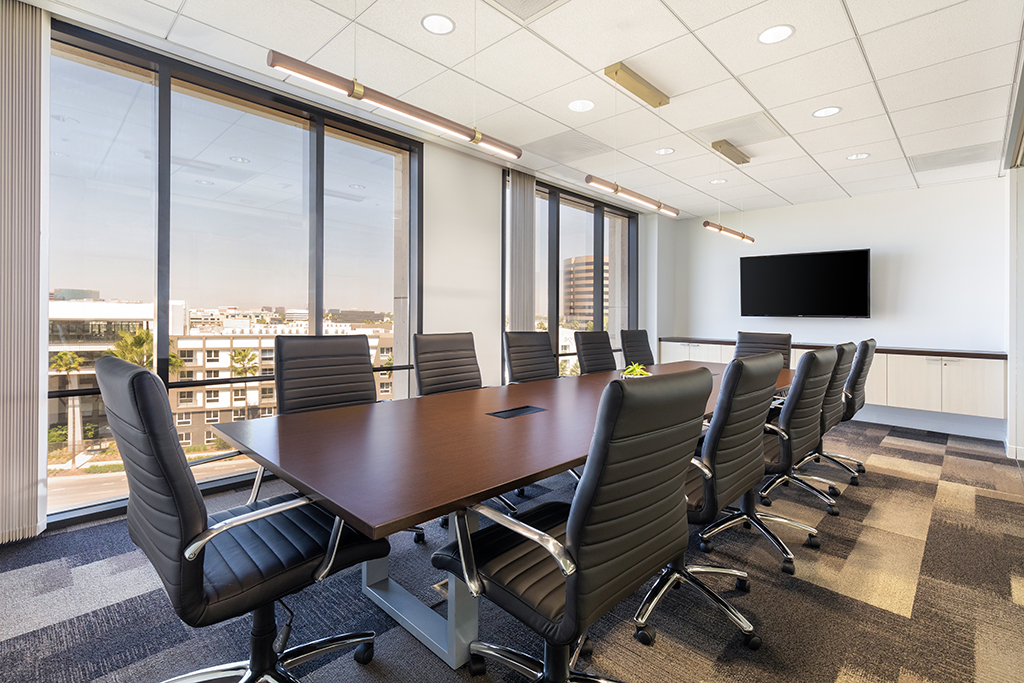 Modern conference room with large windows