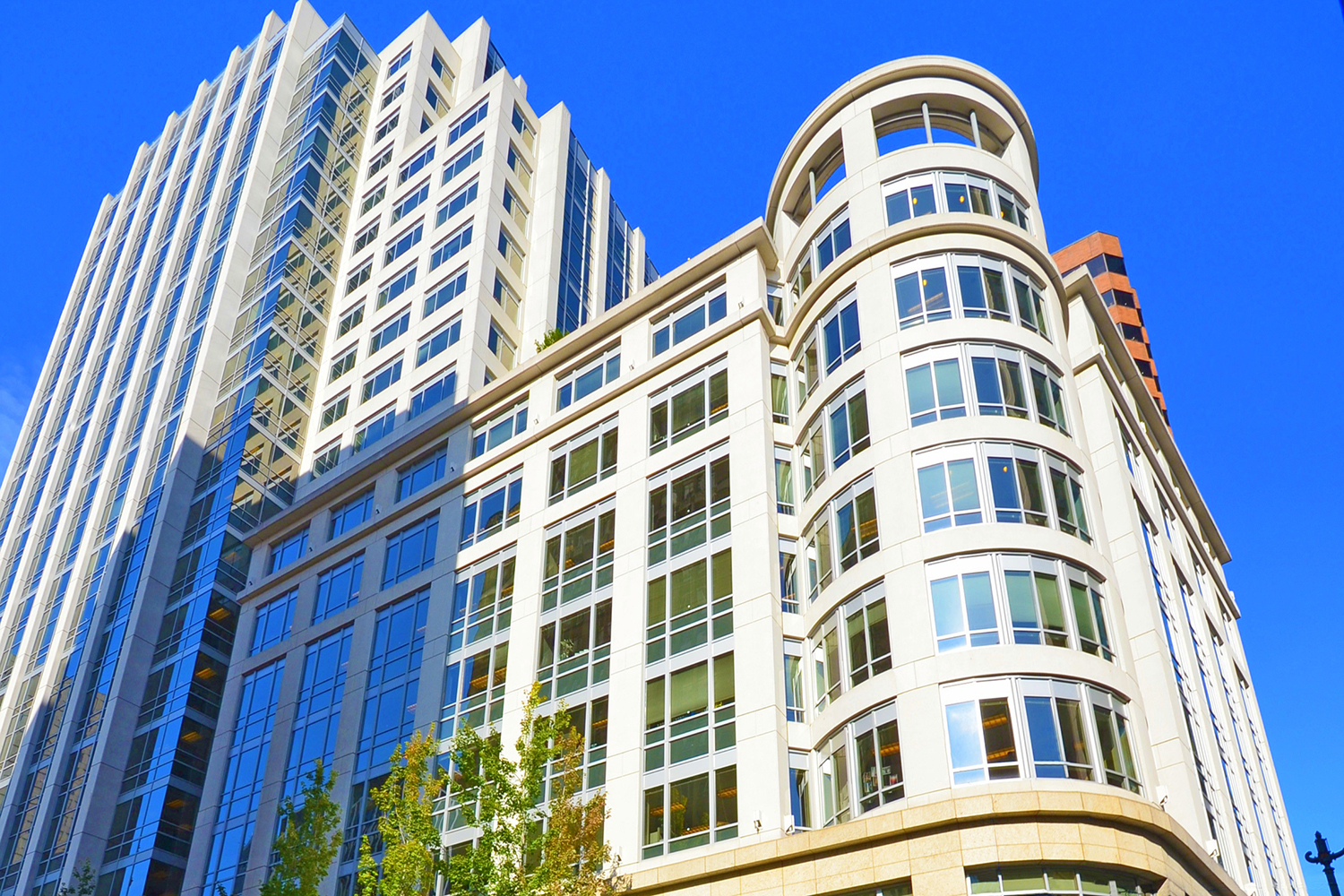 Modern buildings under clear blue sky