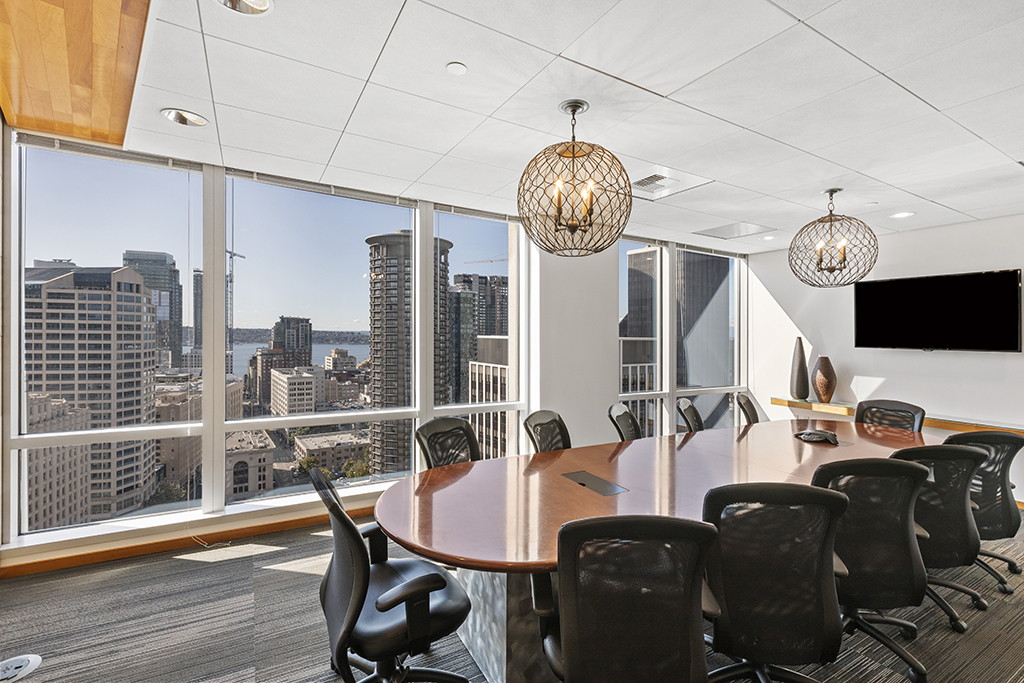 Modern conference room with city view