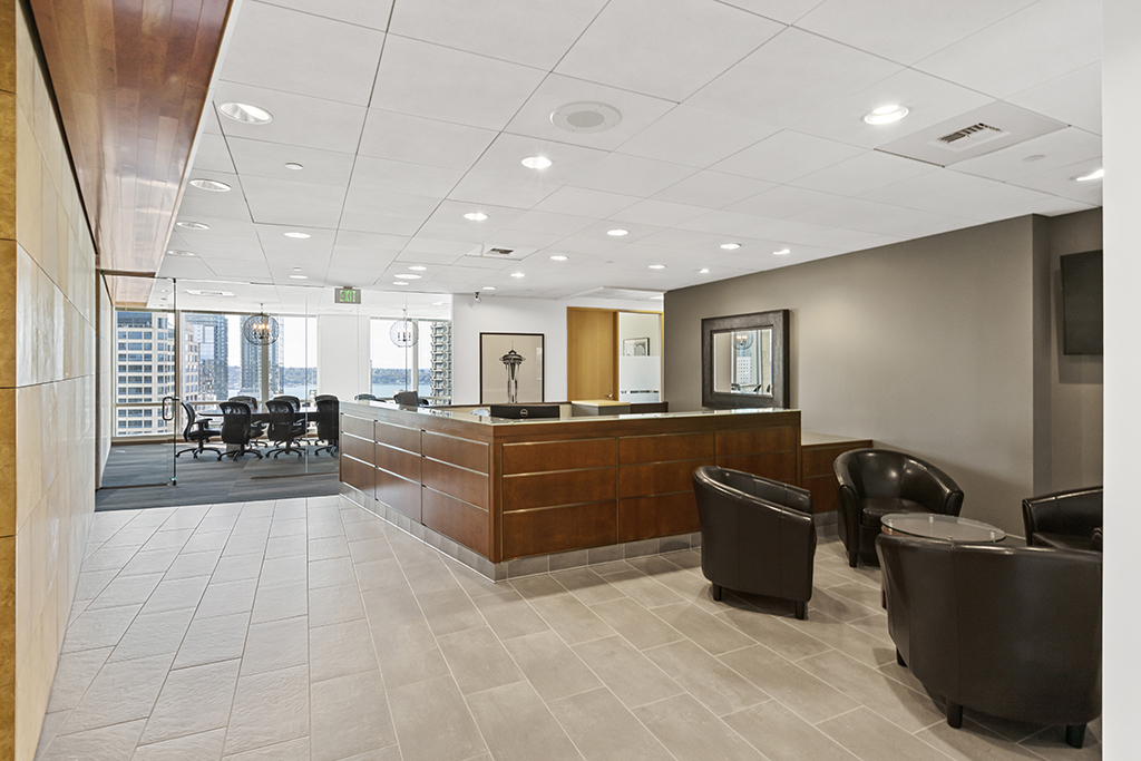 Modern office reception area with seating
