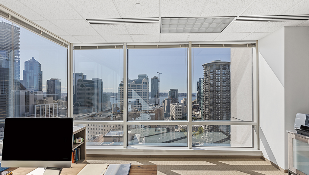 Modern office with city skyline view