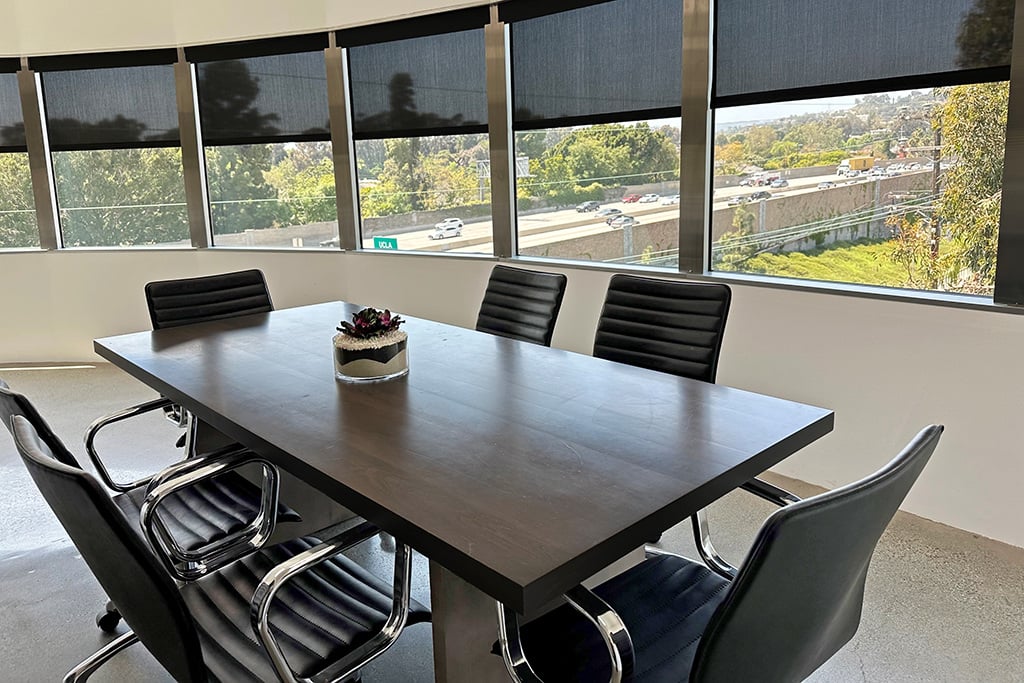 Modern conference room with city view