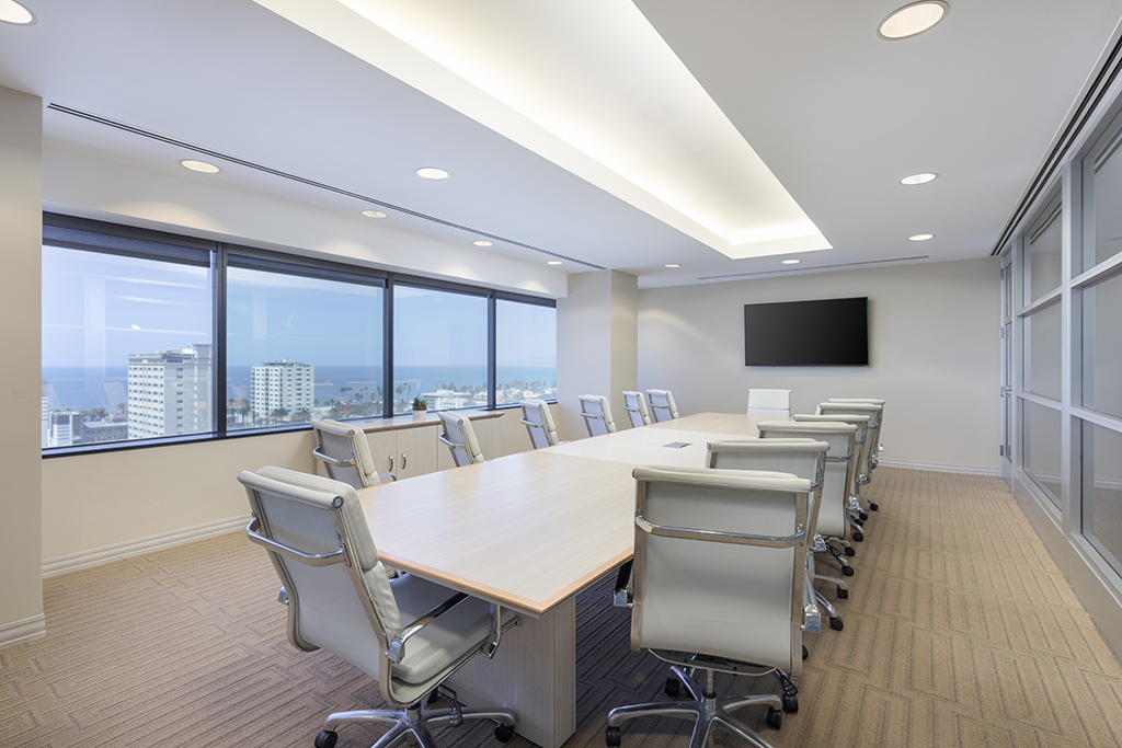Modern conference room with ocean view with 14 chairs