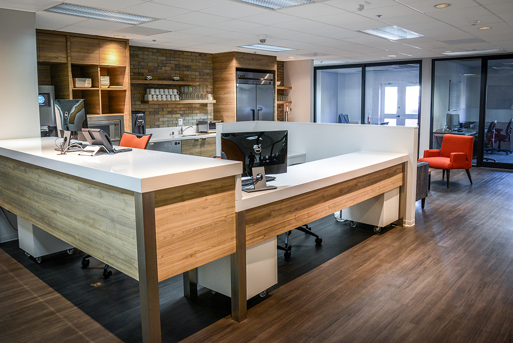 Modern reception area with wooden accents