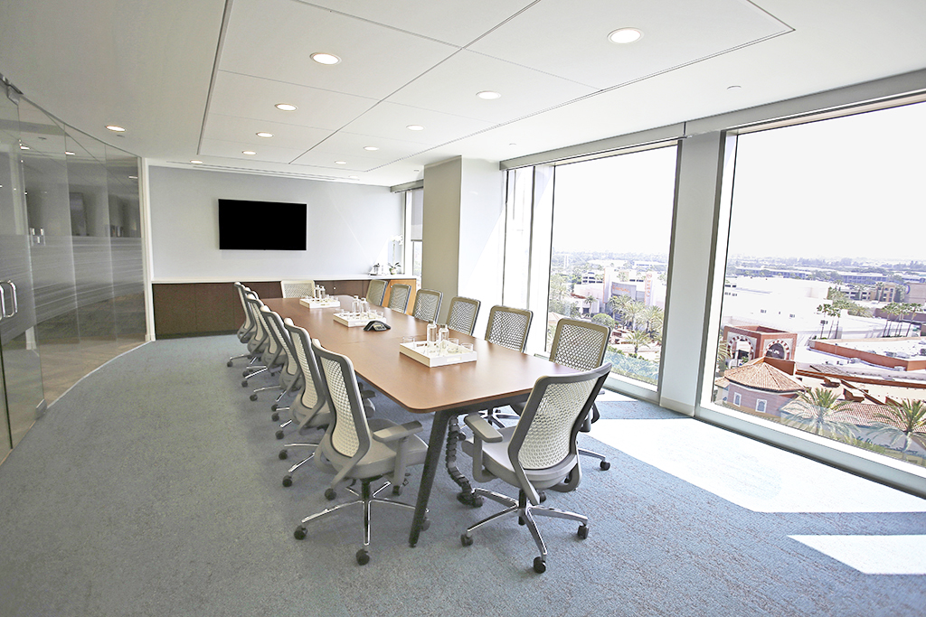 Modern conference room with city view