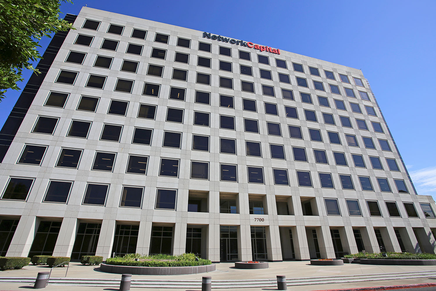 Modern office building with logo