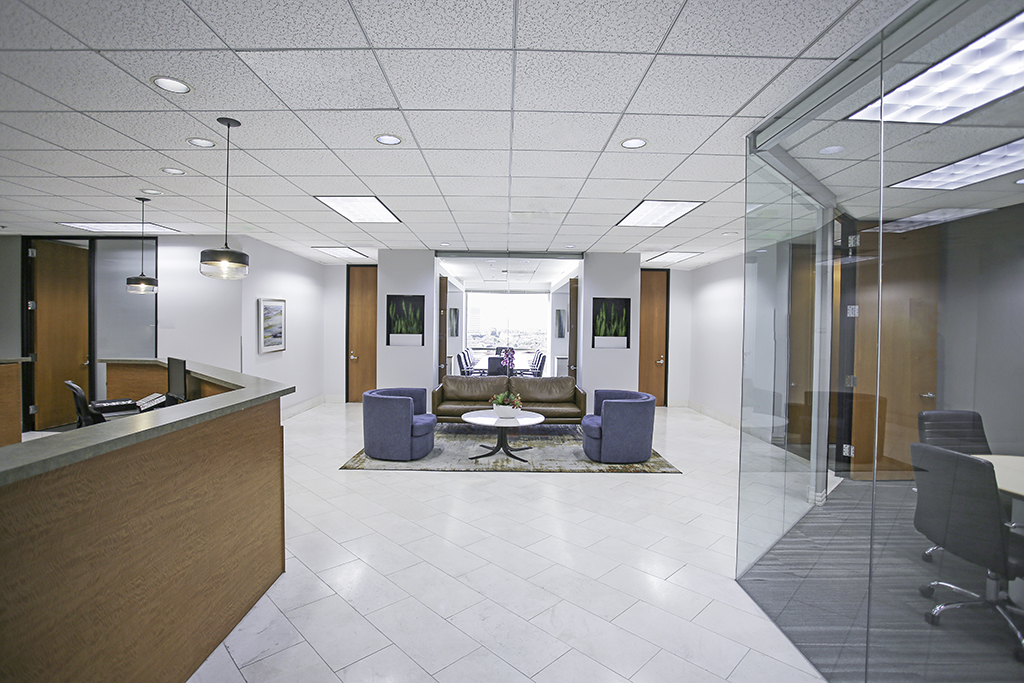 Modern office lobby with seating area
