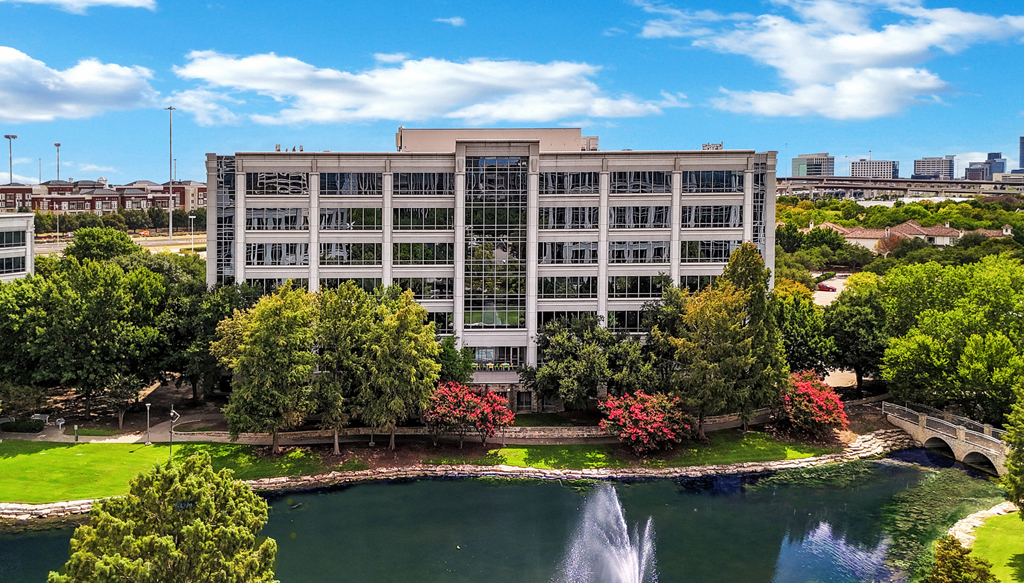 Modern building by serene water