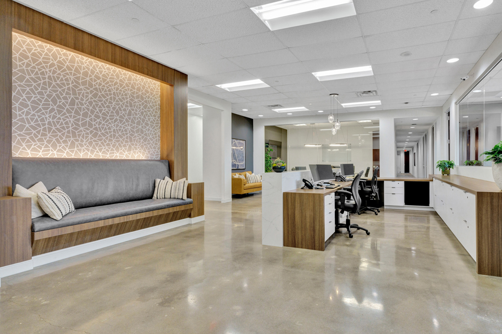 Modern office reception with seating area
