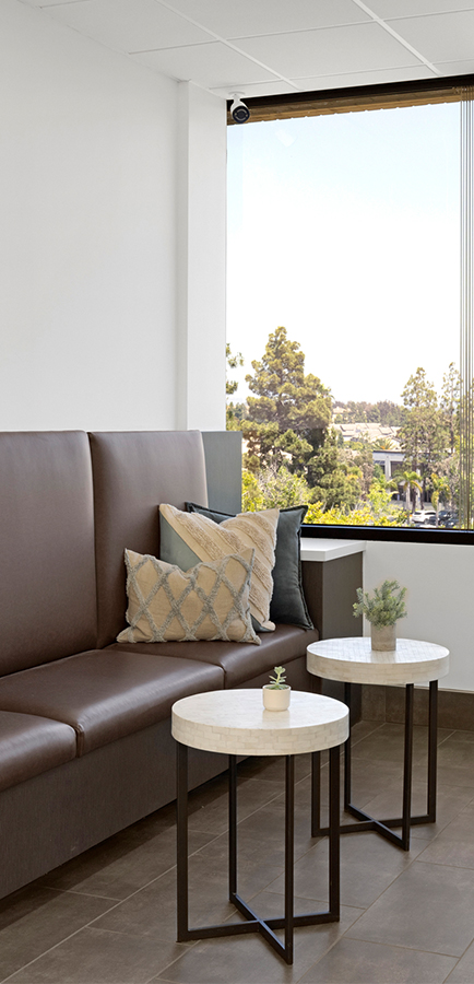 Modern seating area with plants.