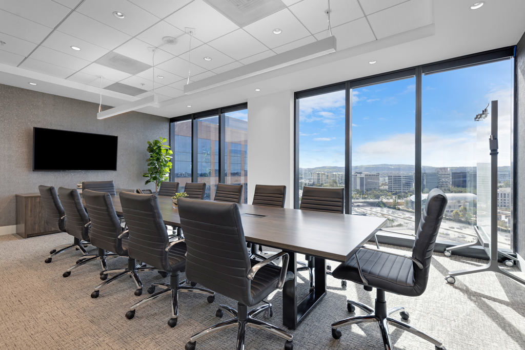 Modern conference room with city view